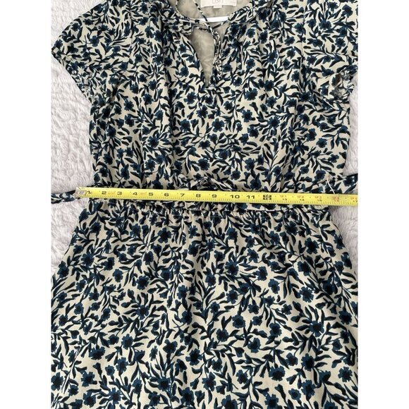 Loft Navy Blue and Stone Floral Short Sleeve Dress with Tie and Ruffels Sz MP - Picture 4 of 9